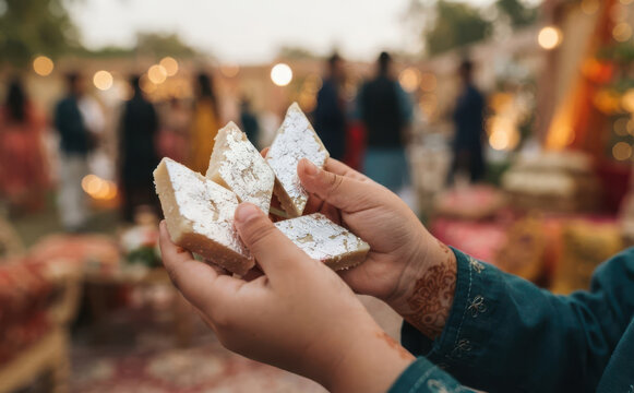 Indian child holding traditional sweet kaju katli at a wedding celebration