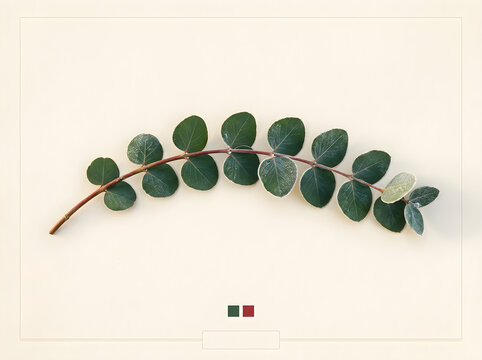 Eucalyptus branch with round green leaves, minimalist botanical stem on cream background, fresh silver dollar eucalyptus foliage for spa and wellness