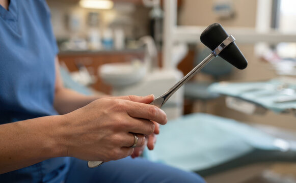 Female doctor holding a reflex hammer in a medical clinic examining a patient with a neurological tool
