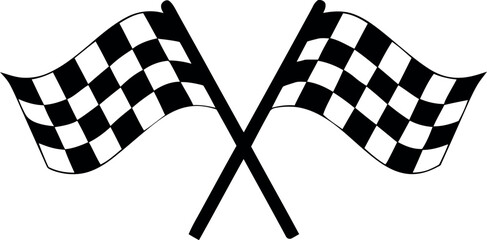 Two crossed checkered racing flags monochrome icon for finish line and motorsport event competition. © Usman