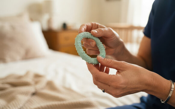 Woman holding a light green silicone teether toy for baby in a cozy nursery bedroom