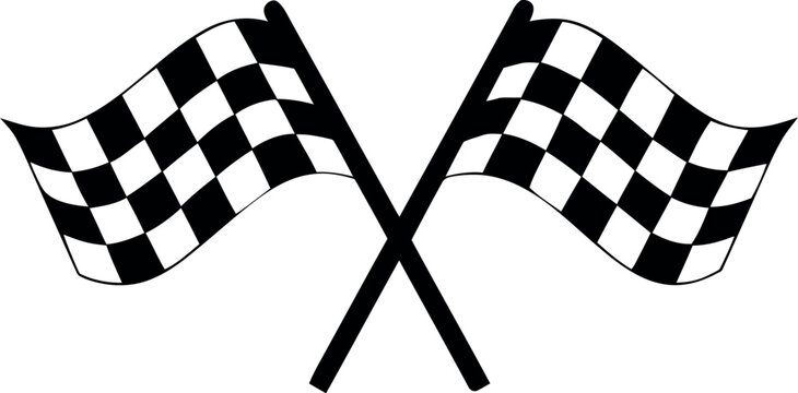 Two crossed checkered racing flags monochrome icon for finish line and motorsport event competition.