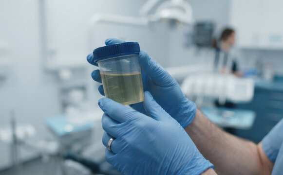 Medical professional wearing blue gloves holding a urine sample cup for testing in a clinic