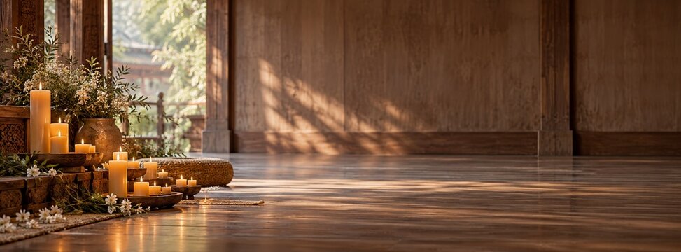 Zen meditation space with warm candlelight and wooden interior design elements for peaceful relaxation and mindfulness atmosphere