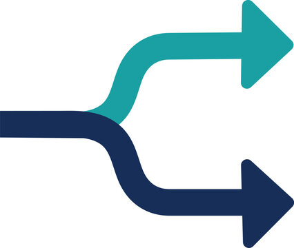 Dark blue arrow splitting into two curving paths with teal arrow