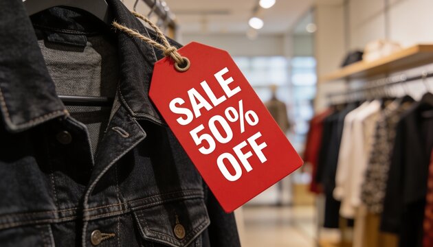 Sale tag hanging on denim jacket in clothing store during seasonal discount event