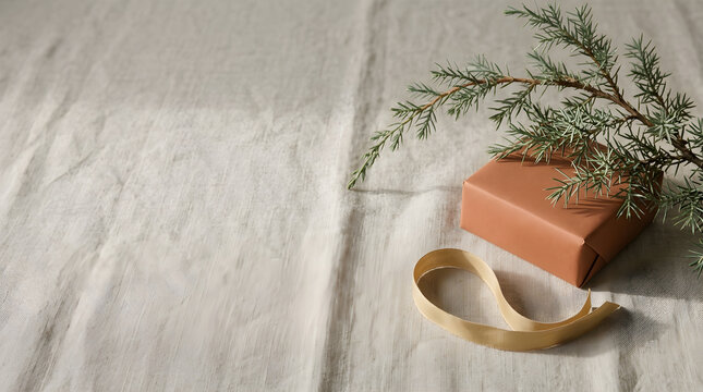Minimalist Christmas gift box on linen background, rustic holiday present with evergreen branch, eco-friendly gift wrapping with ribbon