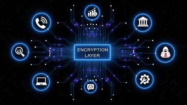 Advanced encryption layer digital network infographic featuring glowing cyber security and data protection circuitry for enterprise information technology and secure global communication systems