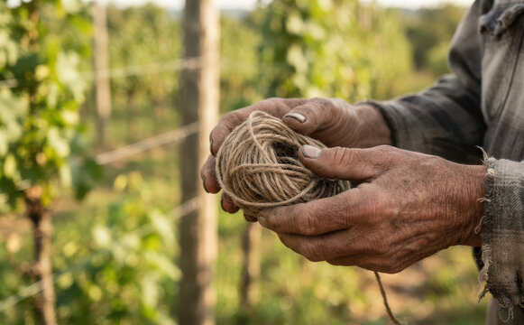 Elderly male farmer holding a ball of twine in a vineyard, representing agricultural work and sustainability