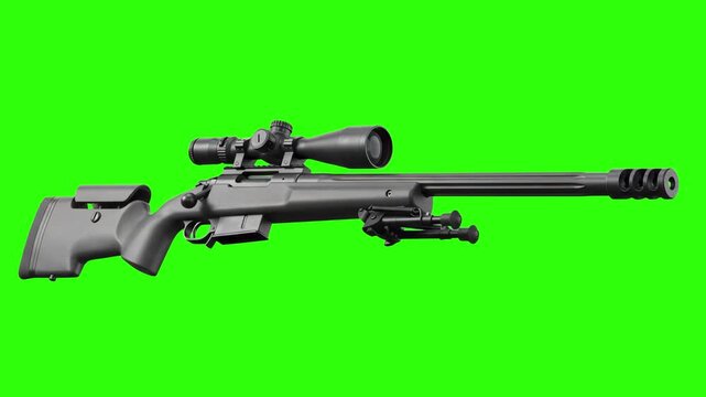 Professional long-range sniper rifle equipped with a large optical scope and adjustable stock isolated on a studio chroma key green background. Great for military documentaries, tactical shooter games