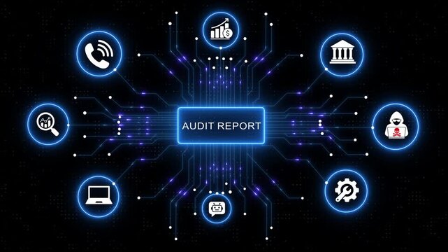 Digital audit report concept featuring glowing cyber network interface with integrated for financial analysis, cybersecurity, banking, artificial intelligence, and technical support systems in motion