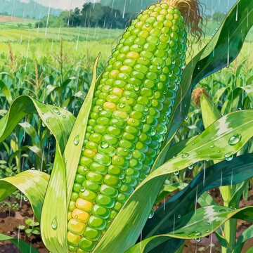 Anime‑Style Fresh Corn Cob In Rainy Farm Field