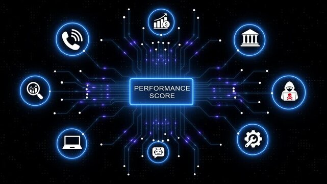 Digital performance score dashboard featuring interconnected business cyber security analytics, financial growth metrics, and artificial intelligence network nodes in a futuristic glowing blue tech