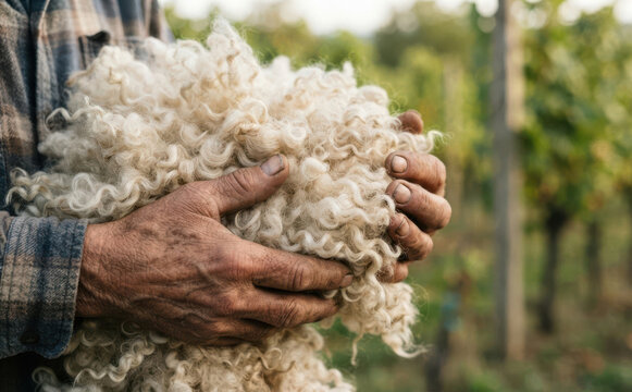 Farmer holding freshly sheared raw sheep wool representing natural textile production and farming industry