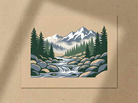 Vintage mountain landscape illustration, scenic pine forest and river print on kraft paper, rustic wilderness wall art decor