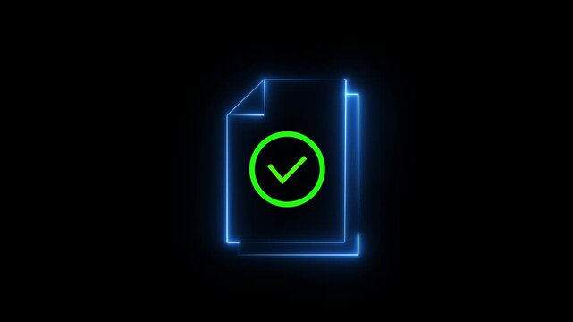 Neon tex with checklist on document inside envelope on black background 4K video animation.