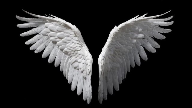 A pair of pristine white angel wings gently moves and spreads against a stark black backdrop. This ethereal imagery conveys concepts of spirituality, freedom, and divine presence.