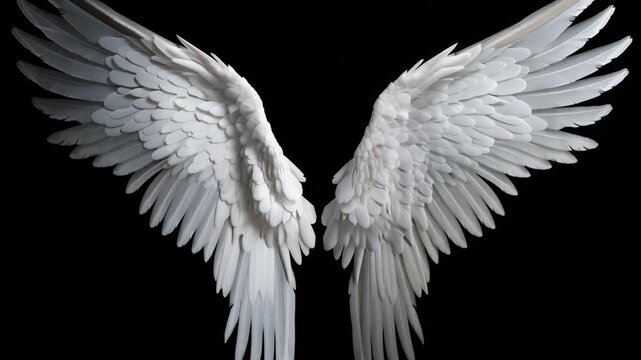 A pair of pristine white angel wings gently unfurl and flutter against a stark black background, symbolizing purity and freedom.