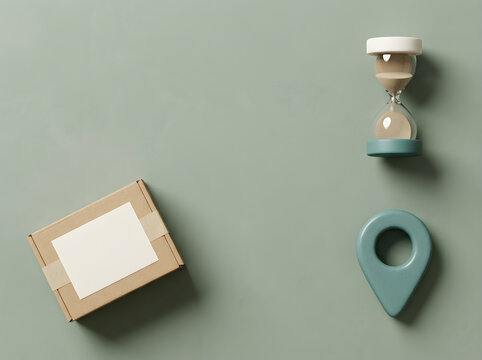 Logistics and shipping concept, cardboard parcel box with hourglass and location pin, fast delivery and tracking service icons on sage green background