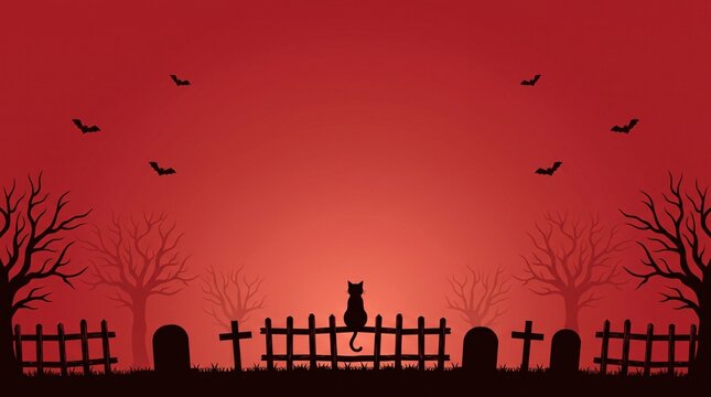 halloween graveyard silhouette with black cat sitting on wooden fence, flying bats, twisted leafless trees and tombstones against dramatic red orange sunset background