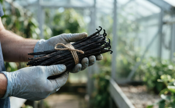 A male farmer holding a bundle of harvested vanilla beans in a greenhouse representing organic cultivation