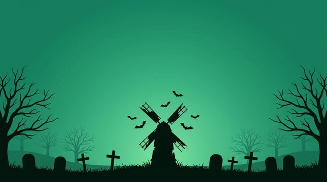 eerie green graveyard panorama with a central abandoned windmill, flying bats, crooked tombstones and twisted leafless trees forming a dark halloween silhouette landscape