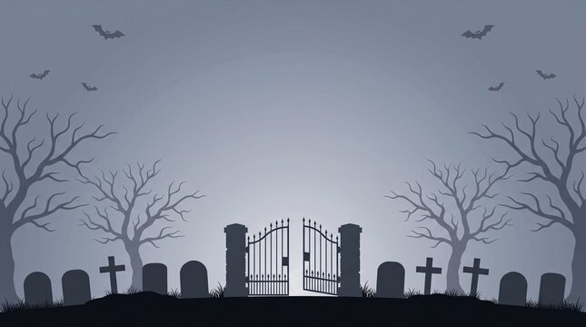 eerie monochrome cemetery entrance with open wrought iron gates, crooked gravestones, twisted leafless trees and flying bats against a misty gray sky for halloween artwork