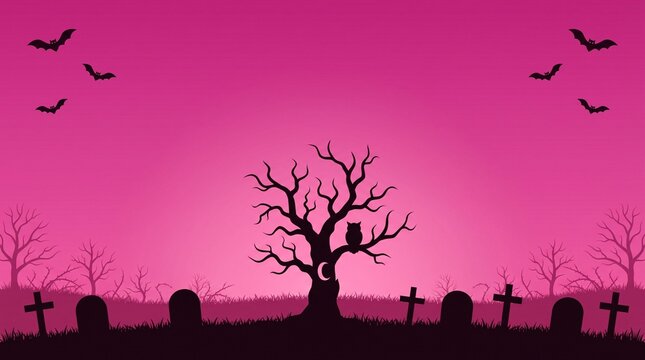 mysterious black owl perched on a twisted leafless tree in a pink halloween graveyard, crescent moon detail, flying bats, scattered tombstones and crosses in a dramatic silhouette landscape