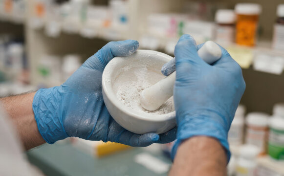 Male pharmacist wearing blue gloves crushing pills into powder with mortar and pestle in a pharmacy compounding prescription medication
