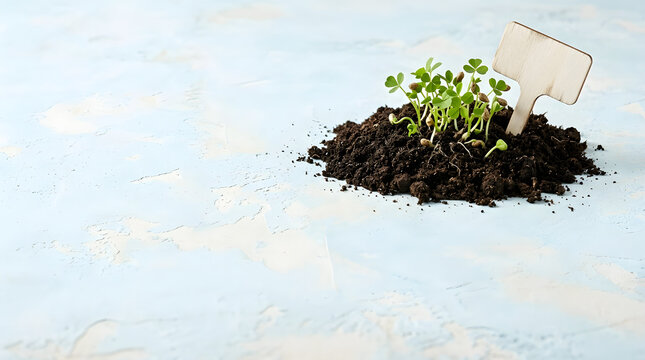 Young green sprouts growing in dark soil with wooden plant marker, spring gardening concept on light blue textured background, new growth seedlings
