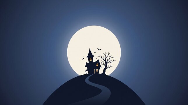 eerie haunted mansion silhouette on a winding hill beneath an oversized glowing full moon with bare tree branches and flying bats, spooky blue night scenery for halloween horror themes