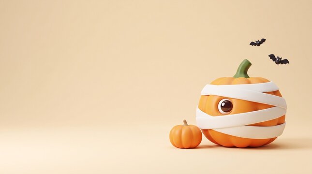 cute halloween mummy pumpkin character with bandage wrapping, tiny companion pumpkin and flying bats on a warm beige background with generous copy space for seasonal greeting designs