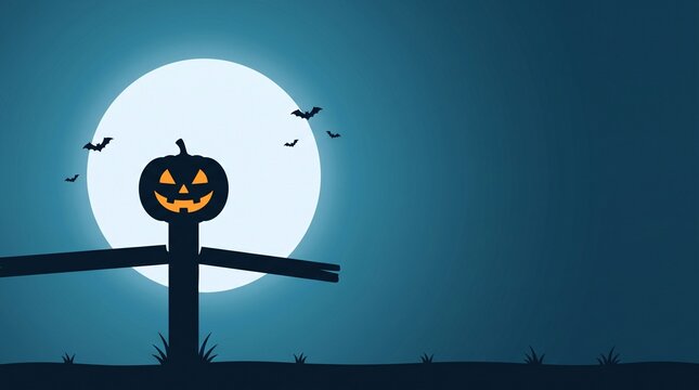 festive jack o lantern scarecrow silhouette against a luminous full moon with flying bats in a deep teal night sky, creating a spooky halloween landscape illustration with open copy space