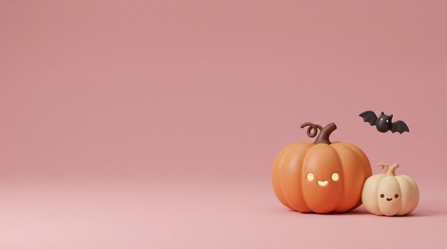 adorable halloween pumpkin duo with glowing friendly faces and flying black bat on soft pink background, cute autumn holiday decoration in polished 3d cartoon style