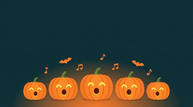 joyful orange pumpkins singing together with musical notes and flying bats, cheerful halloween autumn illustration featuring expressive jack o lantern characters on a dark teal background