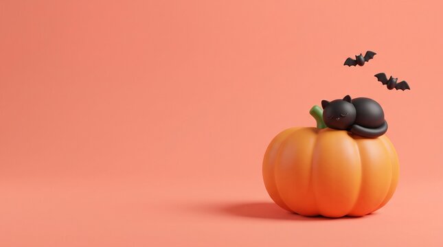 cute black cat sleeping peacefully on a large orange pumpkin with tiny flying bats against a soft coral pink background, whimsical 3d halloween character illustration with copy space