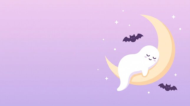 sleepy white ghost resting on a golden crescent moon surrounded by friendly flying bats and sparkling stars against a pastel lavender sky, cute halloween fantasy illustration