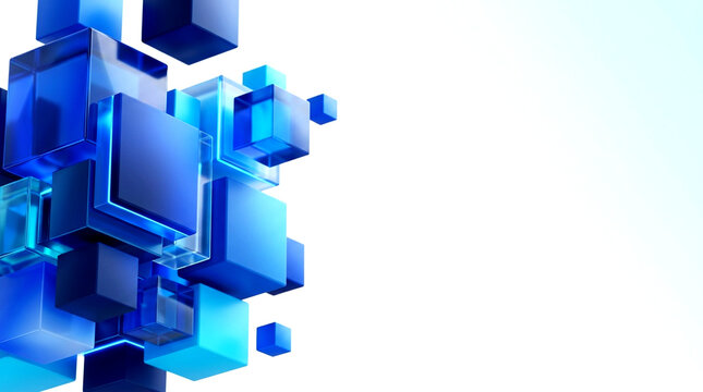 Premium 3D Abstract Geometric Background with Floating Blue Squares on Left and Copy Space on Right