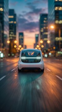 Rear view of a futuristic autonomous white electric vehicle driving fast through a modern city downtown street at sunset, representing self-driving AI technology.