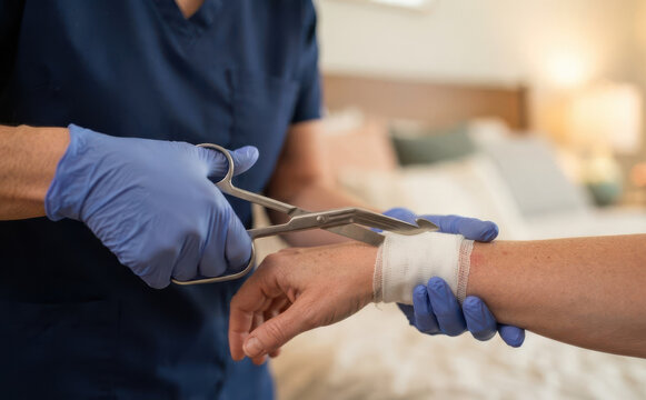 Female nurse cutting medical bandage on senior patient wrist with bandage scissors in home care setting
