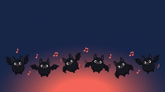 cheerful cartoon bats dancing among floating musical notes above a glowing coral horizon, cute halloween night illustration with dark navy sky and playful spooky atmosphere