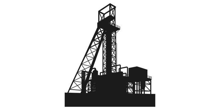 Silhouette of an industrial mine headframe structure with a tall tower and machinery, isolated on a white background, mining industry icon