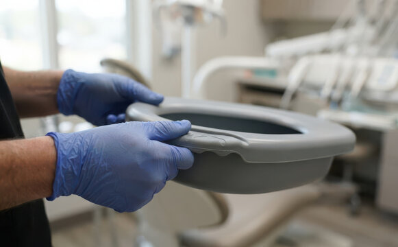 Medical professional in blue gloves holding a plastic bedpan inside a clinic room for patient care