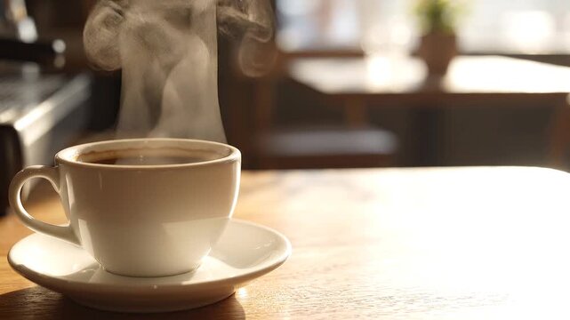 暖かな日差しが差し込む木製テーブルに置かれた湯気が立ち上るホットコーヒー