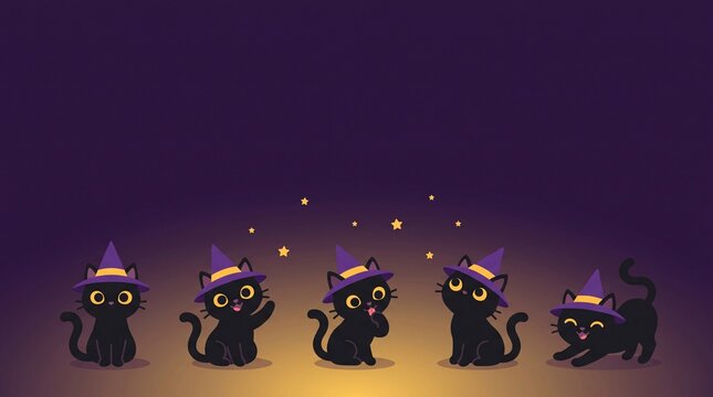 charming black witch cats wearing purple pointed hats with golden bands beneath a starry twilight sky, playful halloween character collection with warm glowing ground and magical atmosphere