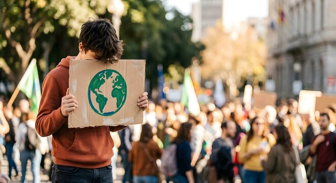 Man in brown hoodie holding cardboard Earth sign in crowd