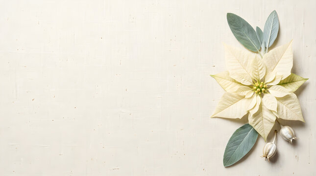 Minimalist white poinsettia flower on beige linen background, elegant Christmas floral border with copy space, festive winter botanical flat lay