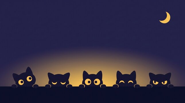 curious black cat silhouettes peeking over a dark ledge beneath a golden crescent moon, expressive glowing eyes and warm twilight lighting in a minimalist halloween night illustration