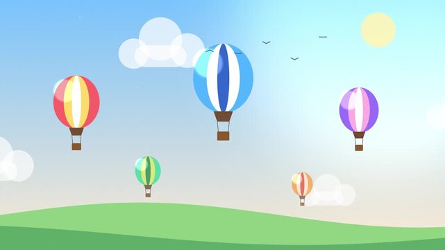 Colorful hot air balloons drift serenely across a sunny sky above green rolling hills