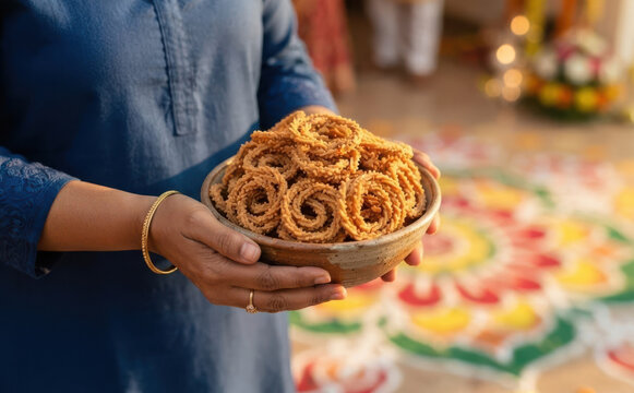 Indian woman holding a bowl of traditional chakli snacks during Diwali festival celebrations